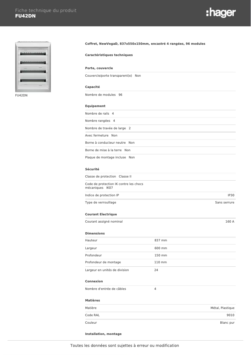 Page 1 de la notice Fiche technique Hager FU42DN
