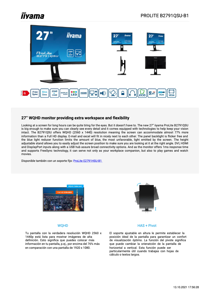 Página 1 del manual Ficha técnica Iiyama ProLite B2791QSU-B1