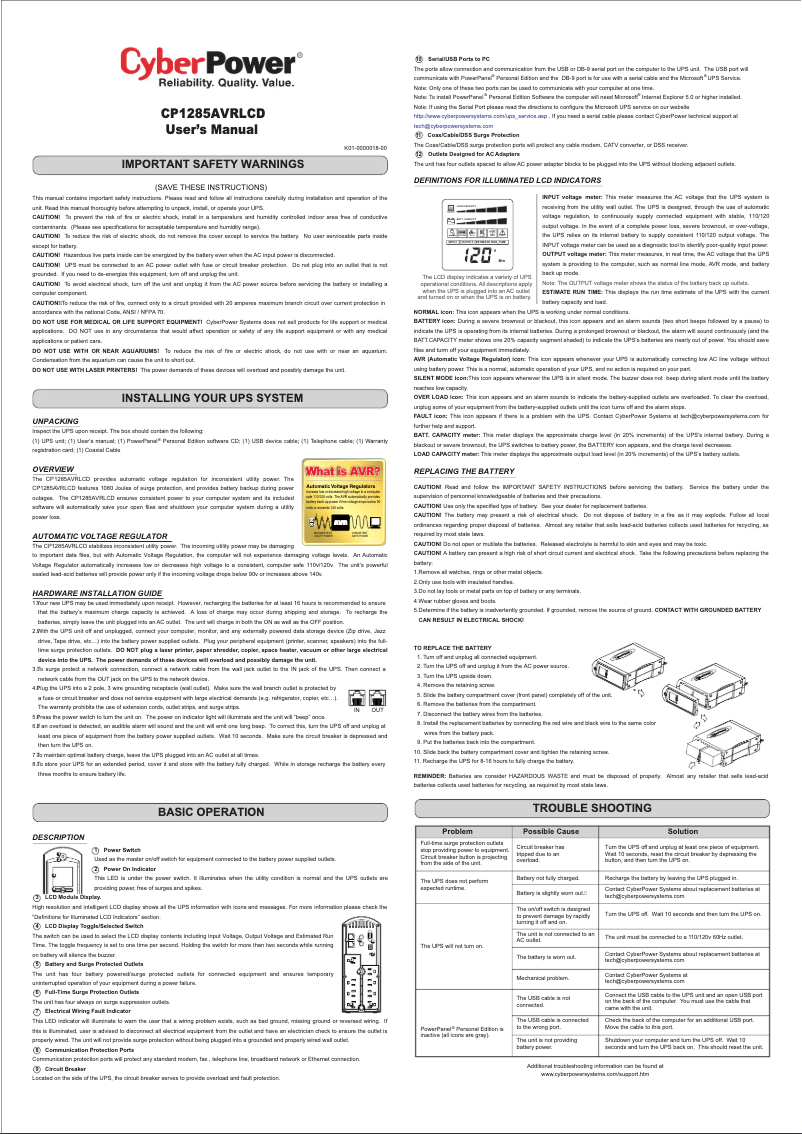 Page 1 de la notice Manuel utilisateur CyberPower CP1285AVRLCD