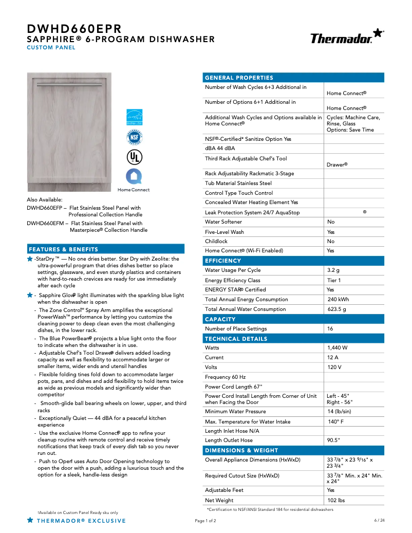 Page 1 de la notice Fiche technique Thermador DWHD660EPR