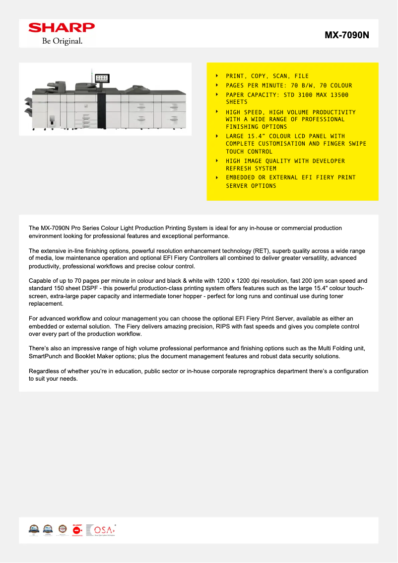 Page 1 de la notice Fiche technique Sharp MX-7090N