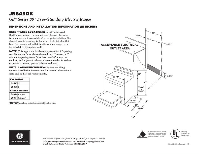 Page 1 de la notice Fiche technique GE JB645DKWW