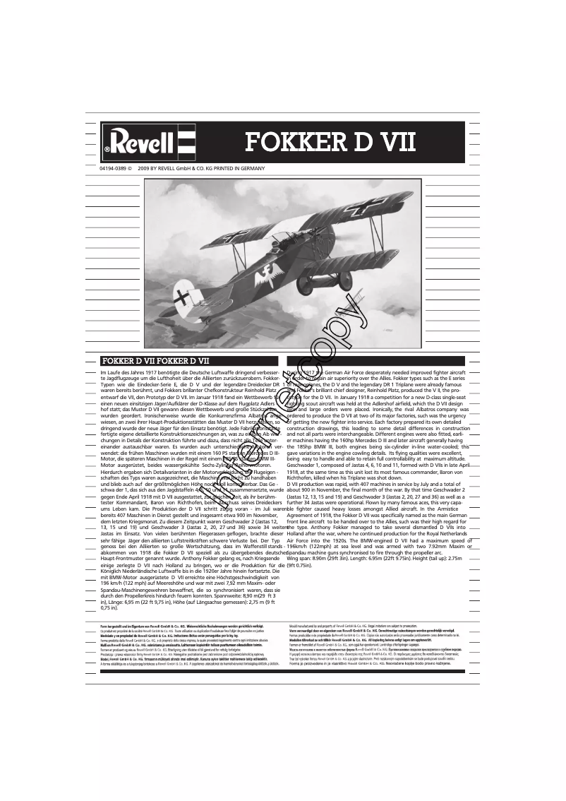 Image de la première page du manuel de l'appareil Fokker D VII