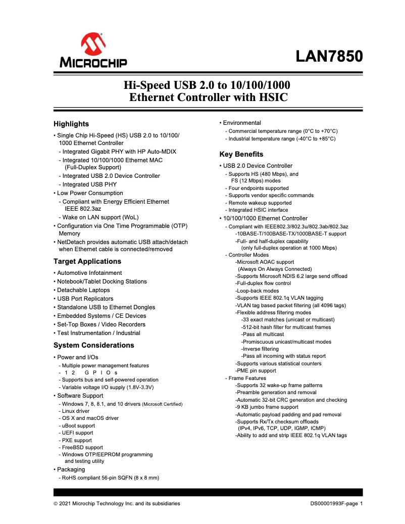 Page 1 de la notice Fiche technique Microchip LAN7850