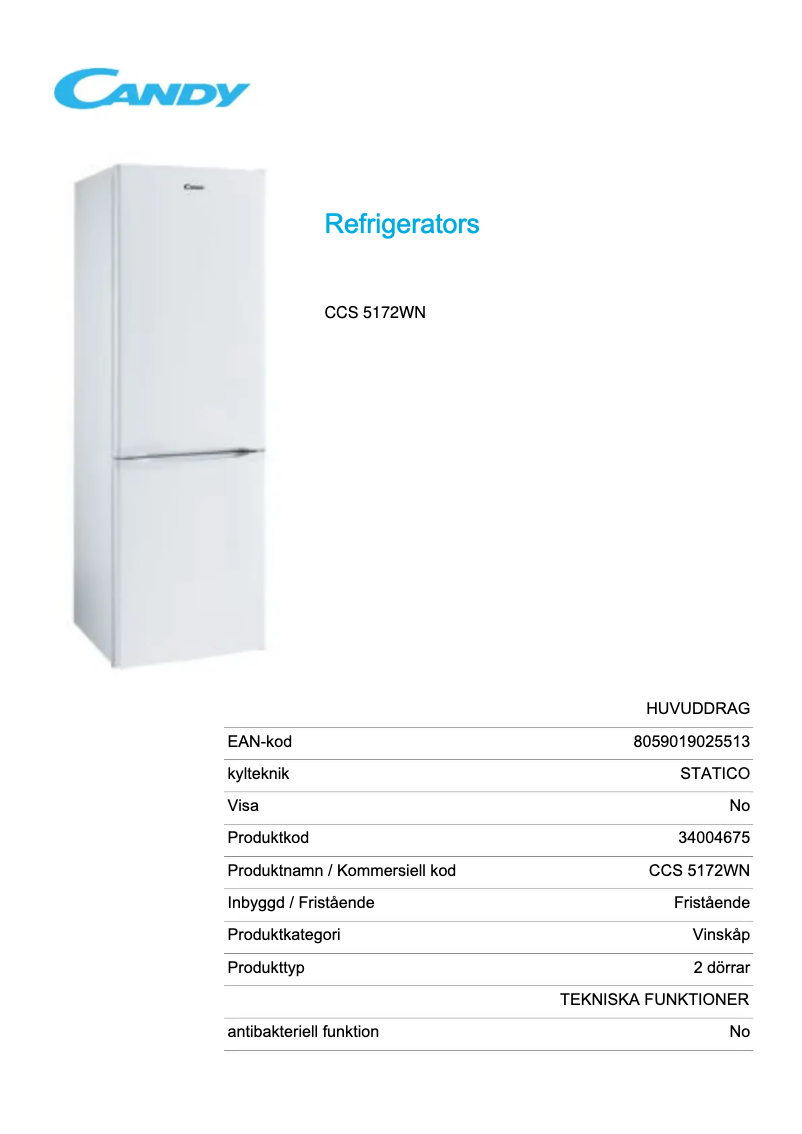 Page 1 de la notice Fiche technique Candy CCS 5172WN