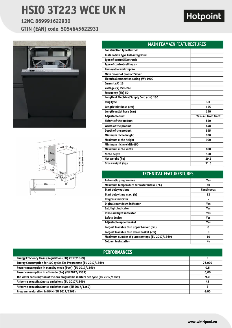 Page n°1 - Fiche technique Hotpoint HSIO 3T223 WCE UK N