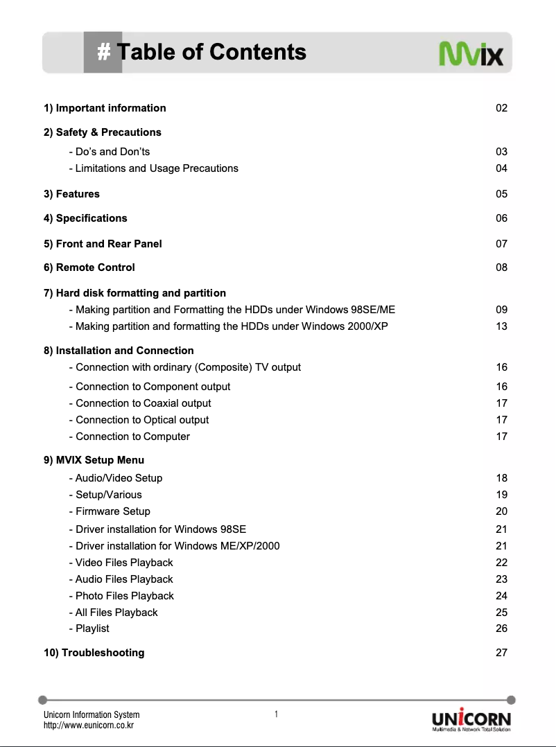 Page n°1 - Manuel utilisateur Mvix MV2500U-250