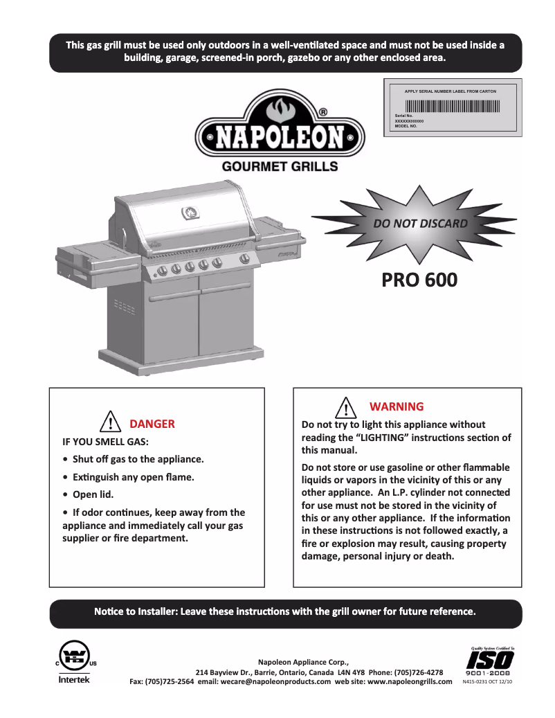 Page n°1 - Manuel utilisateur Napoleon PRO 600