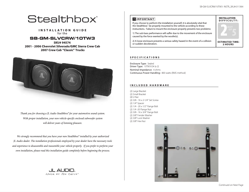 Page 1 de la notice Manuel utilisateur JL Audio Stealthbox SB-GM-SLVCRW/10TW3