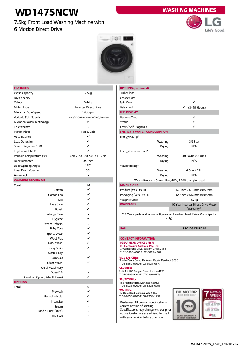 Página 1 del manual Ficha técnica LG WD1475NCW