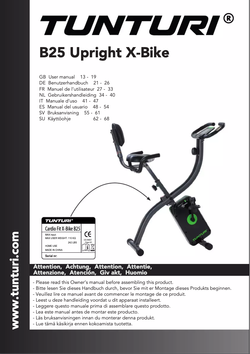 Page n°1 - Manuel utilisateur Tunturi Cardio Fit B25 X-Bike