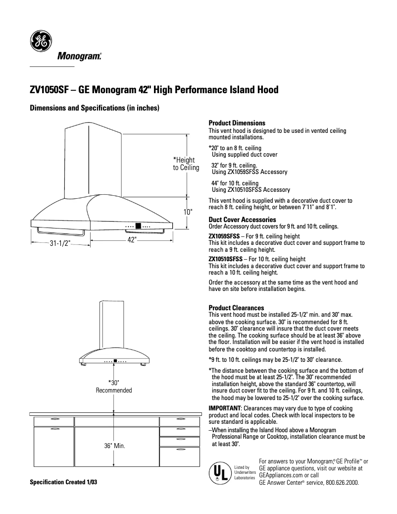 Page n°1 - Fiche technique Monogram ZV1050SFSS