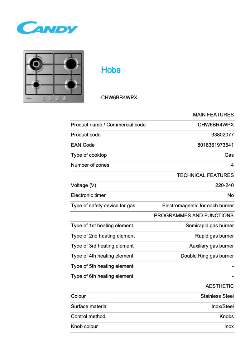 Page 1 de la notice Fiche technique Candy CHW6BR4WPX
