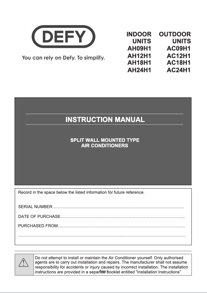 Page n°1 - Manuel utilisateur Defy AC09H1