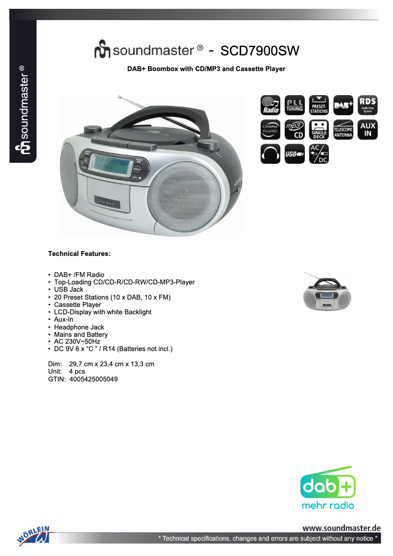 Page 1 de la notice Fiche technique Soundmaster SCD7900SW