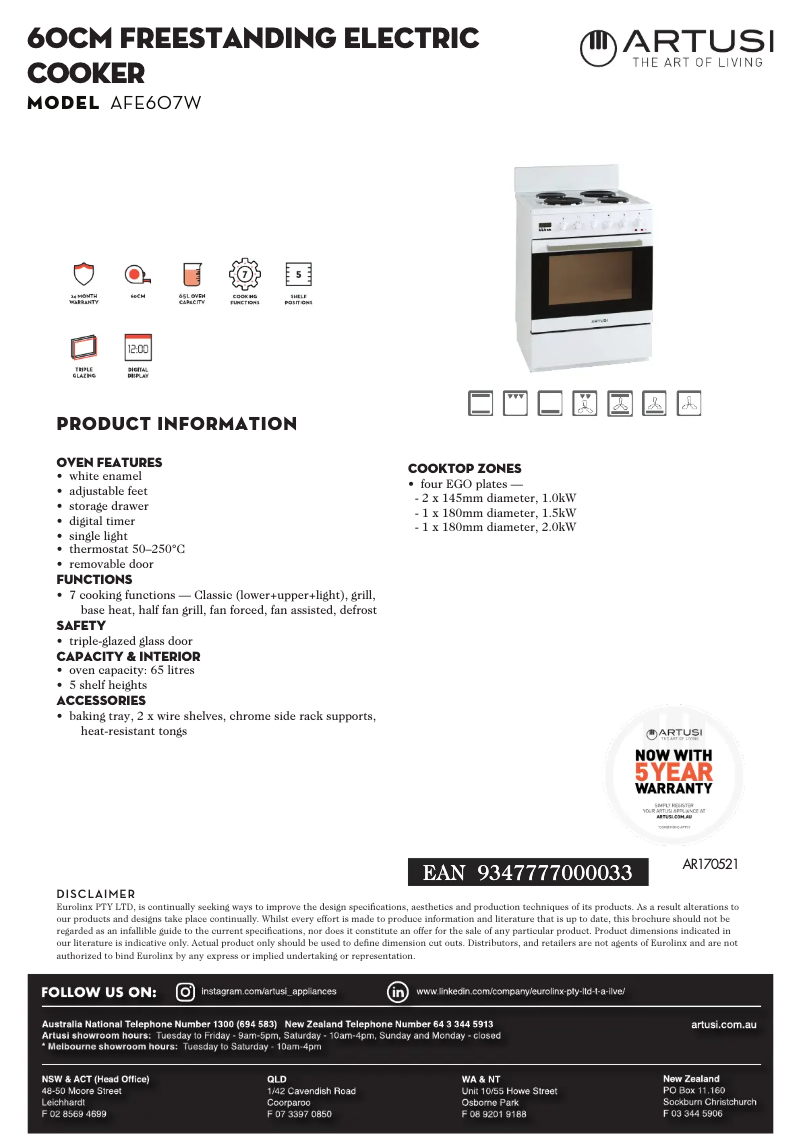 Page 1 de la notice Fiche technique Artusi AFE607W