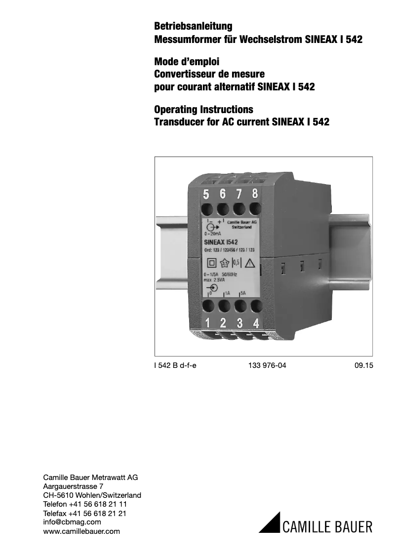 Page 1 de la notice Manuel utilisateur Camille Bauer Sineax I542