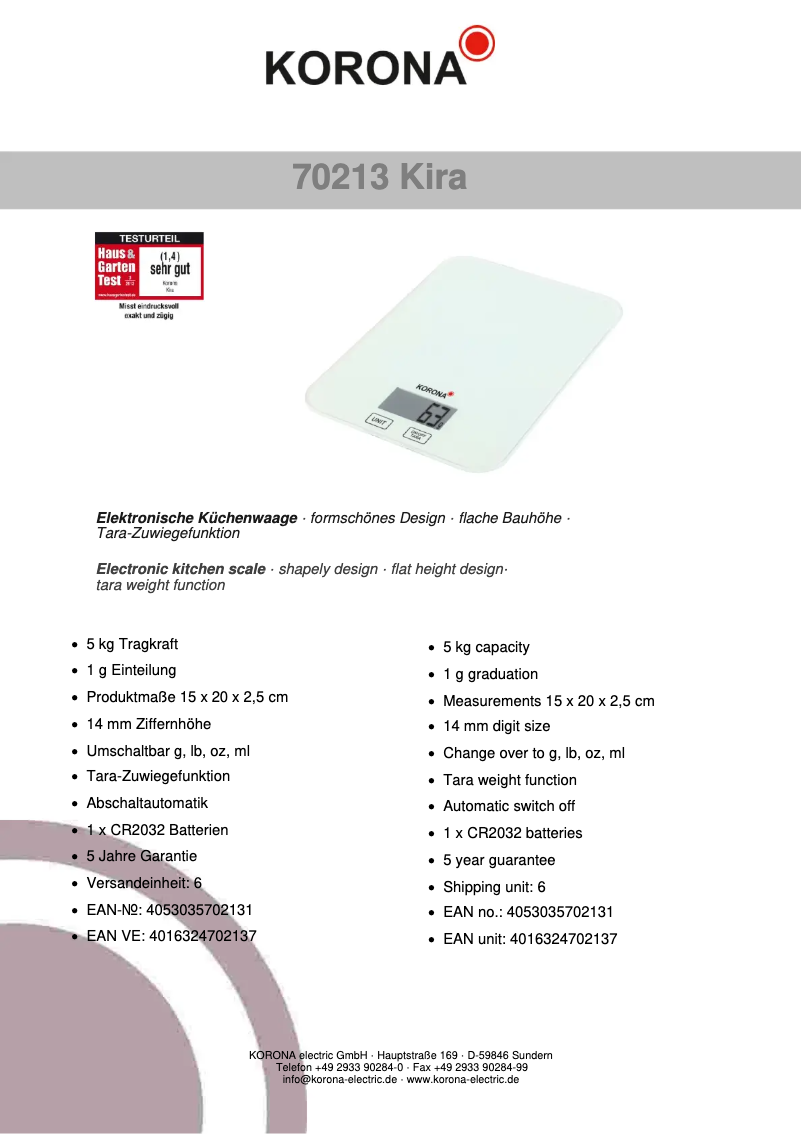 Page 1 de la notice Fiche technique Korona Kira 70213