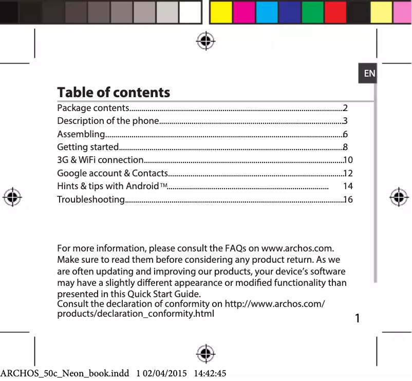 Page 1 de la notice Manuel utilisateur Archos 50c Neon