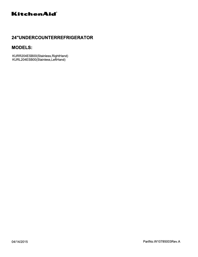 Page 1 de la notice Guide d'installation KitchenAid KURR204E