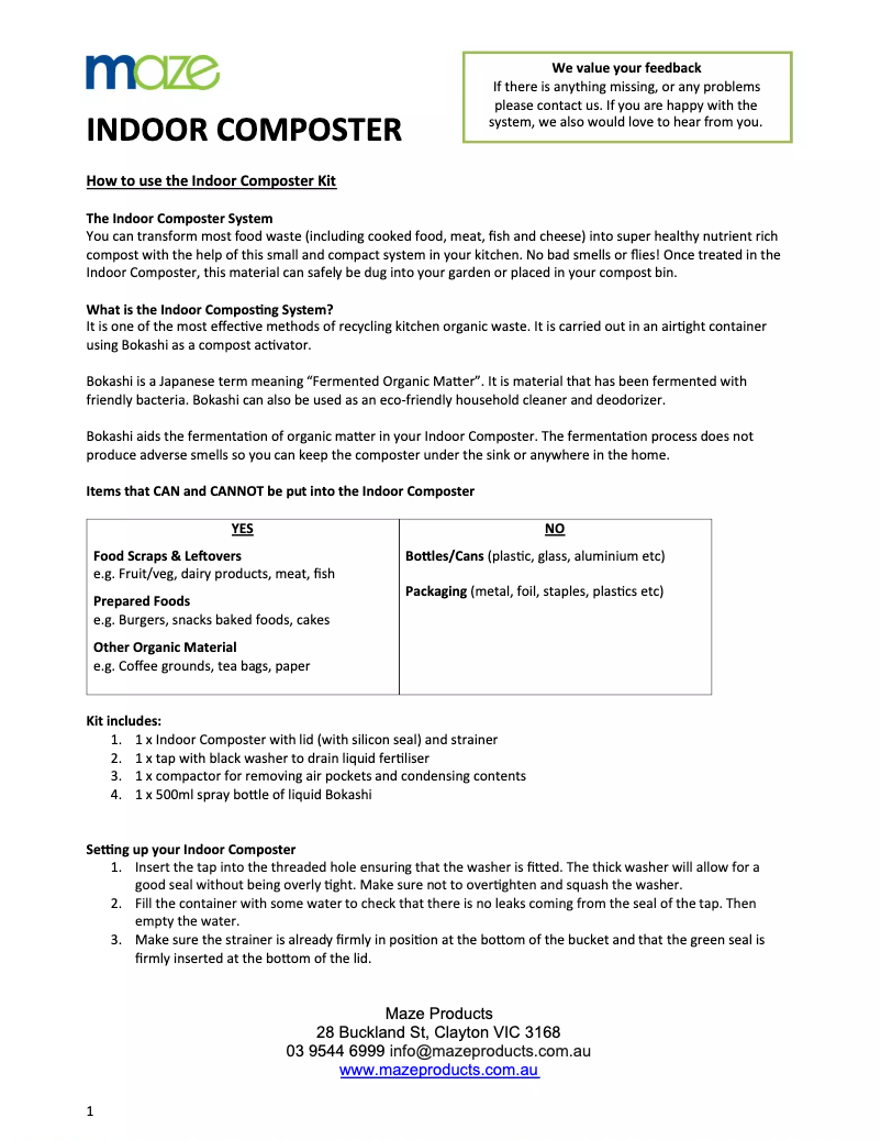Page 1 de la notice Manuel utilisateur Maze Bokashi Indoor Composter