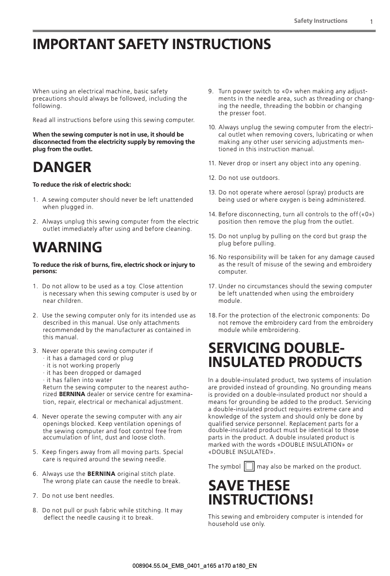 Page n°1 - Manuel utilisateur Bernina Artista 170