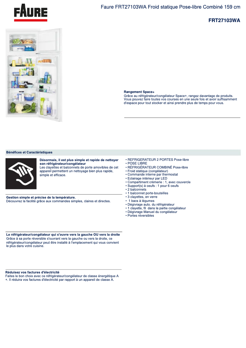 Page 1 de la notice Fiche technique Faure FRT27103WA