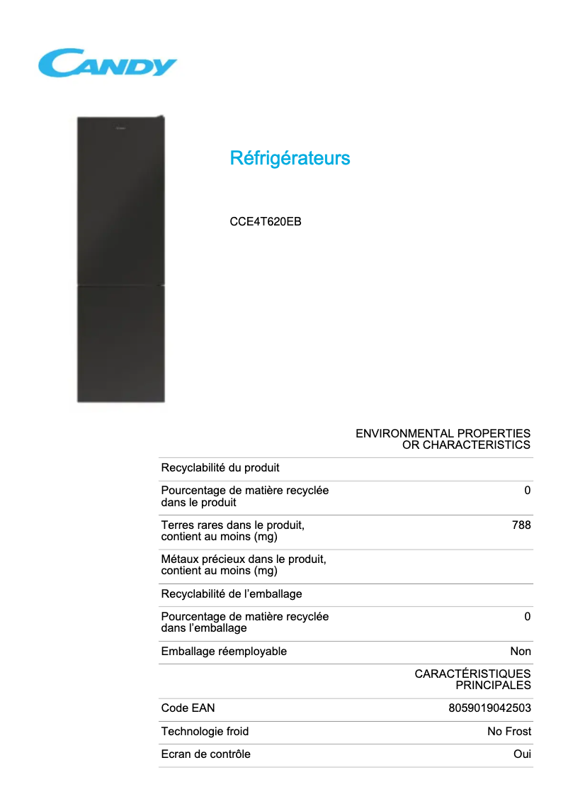 Page 1 de la notice Fiche technique Candy CCE4T620EB
