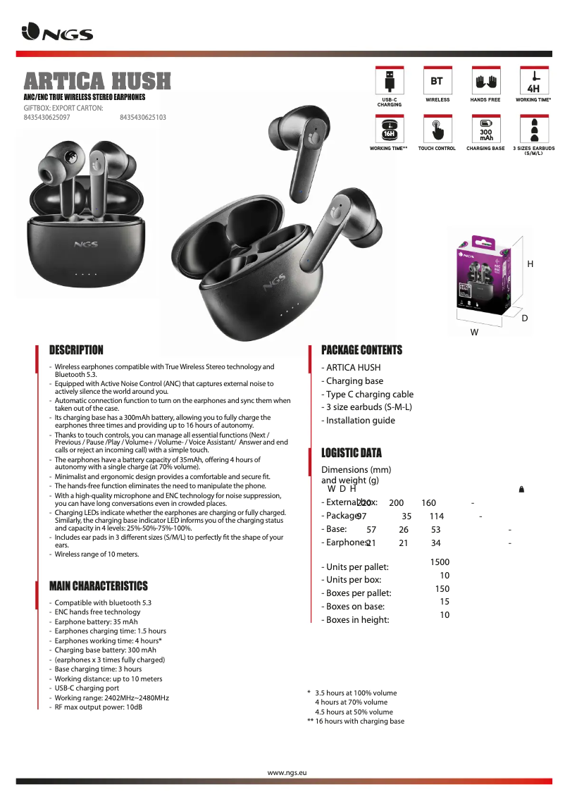 Página 1 del manual Ficha técnica NGS Artica HUSH