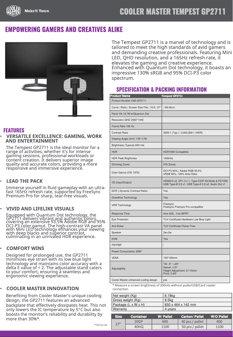 Page 1 de la notice Fiche technique Cooler Master GP2711