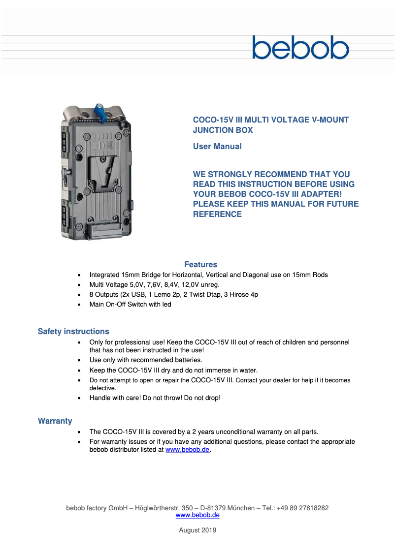 Image de la première page du manuel de l'appareil COCO-15V III