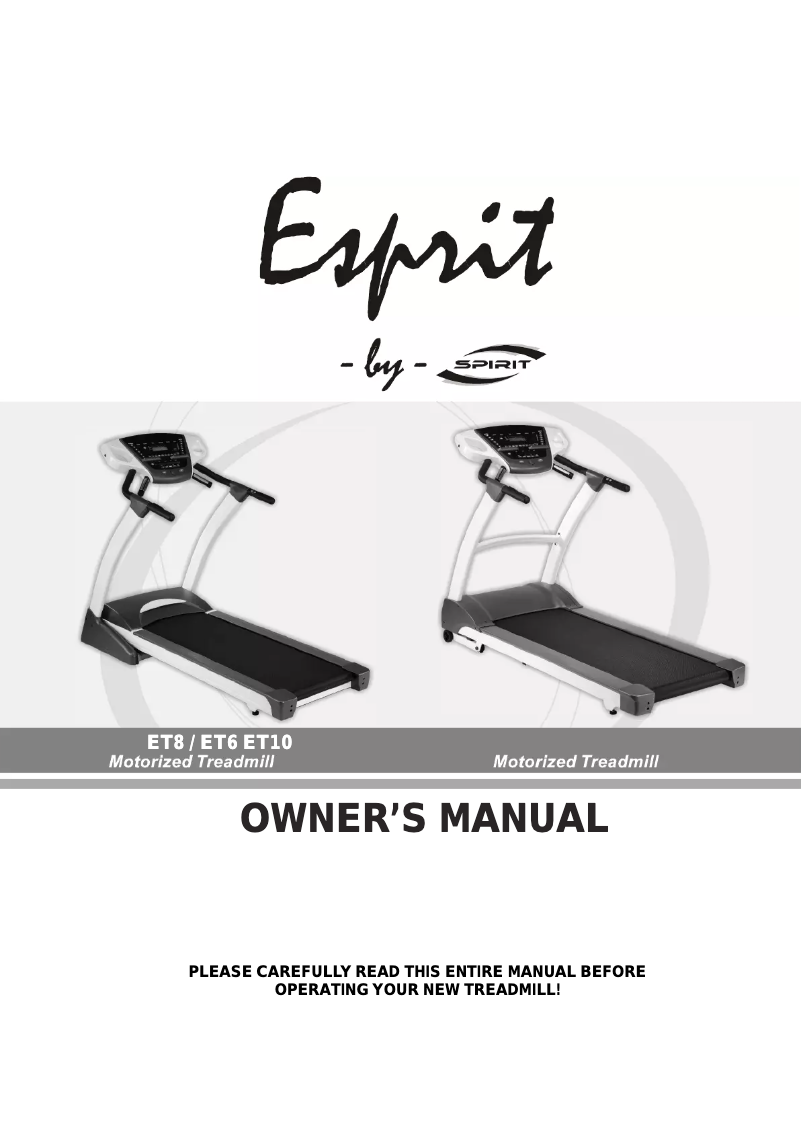 Page 1 de la notice Manuel utilisateur Spirit ET8 Motorized Treadmill