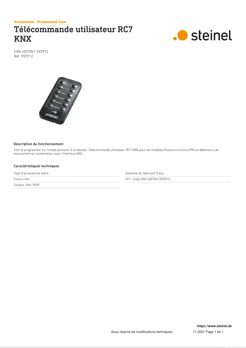 Página 1 del manual Ficha técnica Steinel RC7 KNX