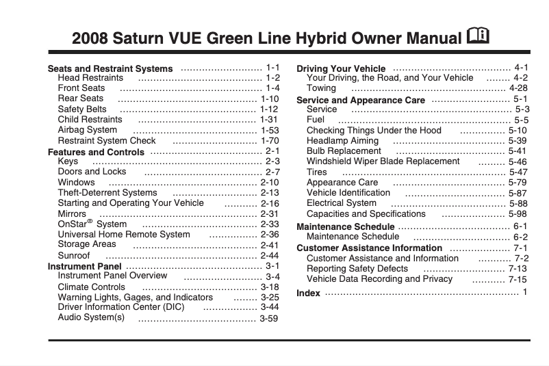 Page 1 de la notice Manuel utilisateur Saturn Vue Green Line Hybrid (2008)