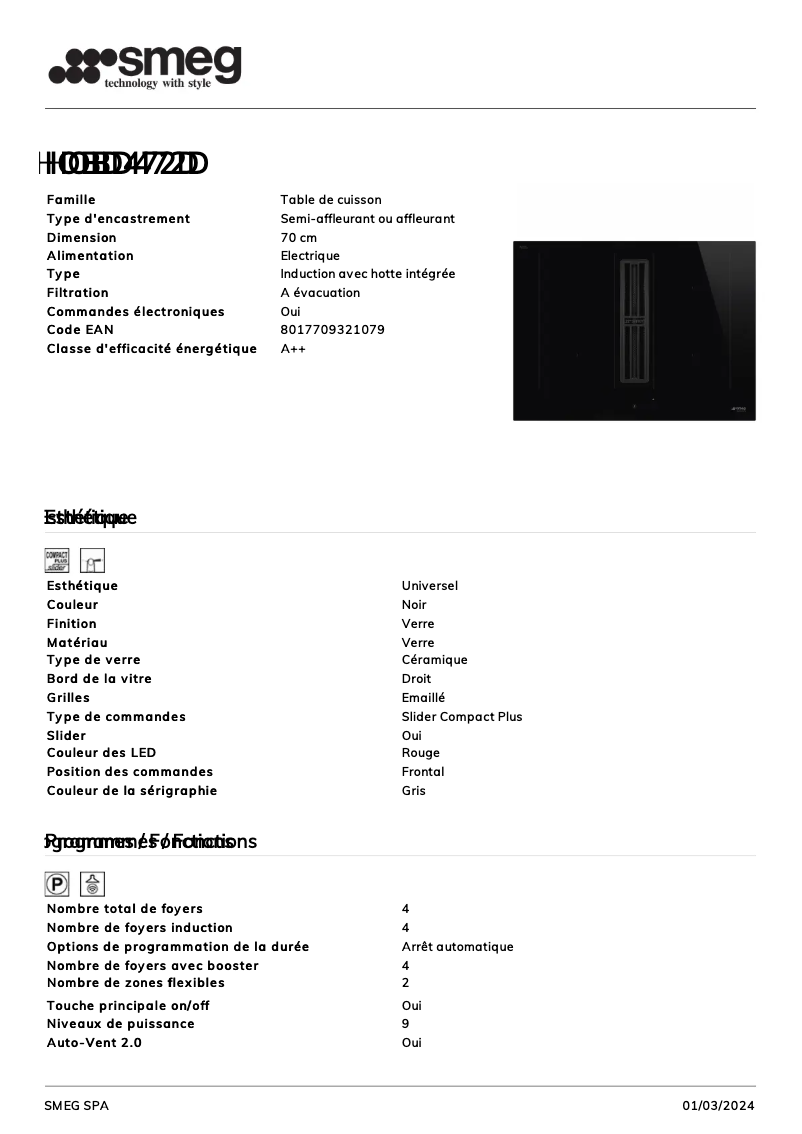 Page n°1 - Fiche technique Smeg HOBD472D