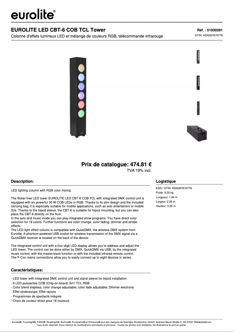 Page 1 de la notice Fiche technique Eurolite LED CBT-6