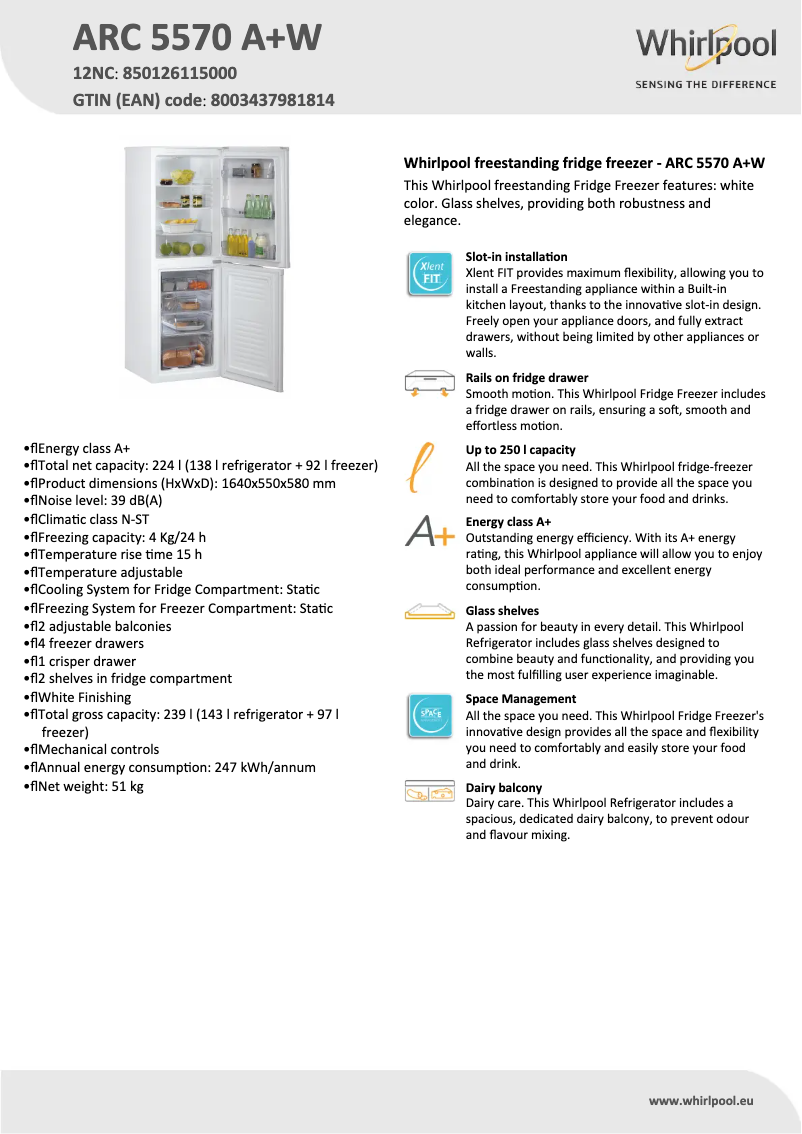 Page n°1 - Fiche technique Whirlpool ARC 5570 A+W
