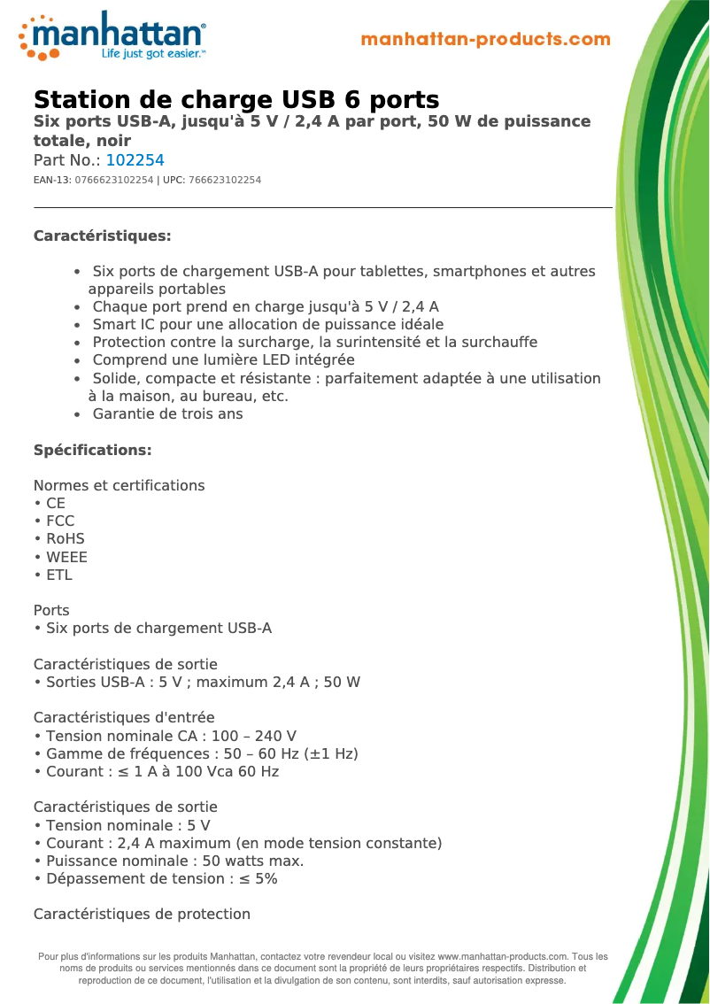 Page 1 de la notice Fiche technique Manhattan 102254