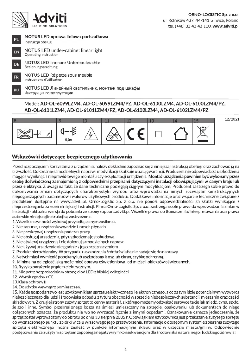 Page 1 de la notice Manuel utilisateur Adviti AD-OL-6101LZM4