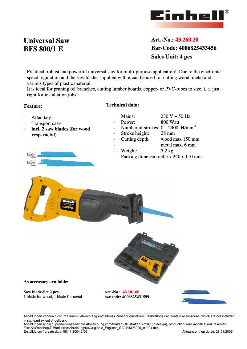 Image de la première page du manuel de l'appareil BFS 800E