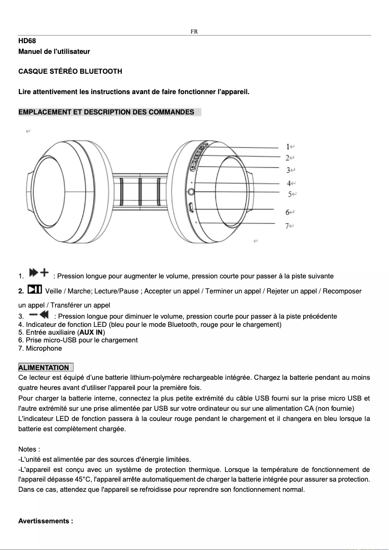 Page 1 de la notice Manuel utilisateur New One HD68