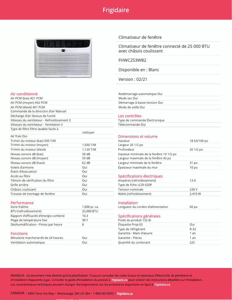 Page n°1 - Fiche technique Frigidaire FHWC253WB2