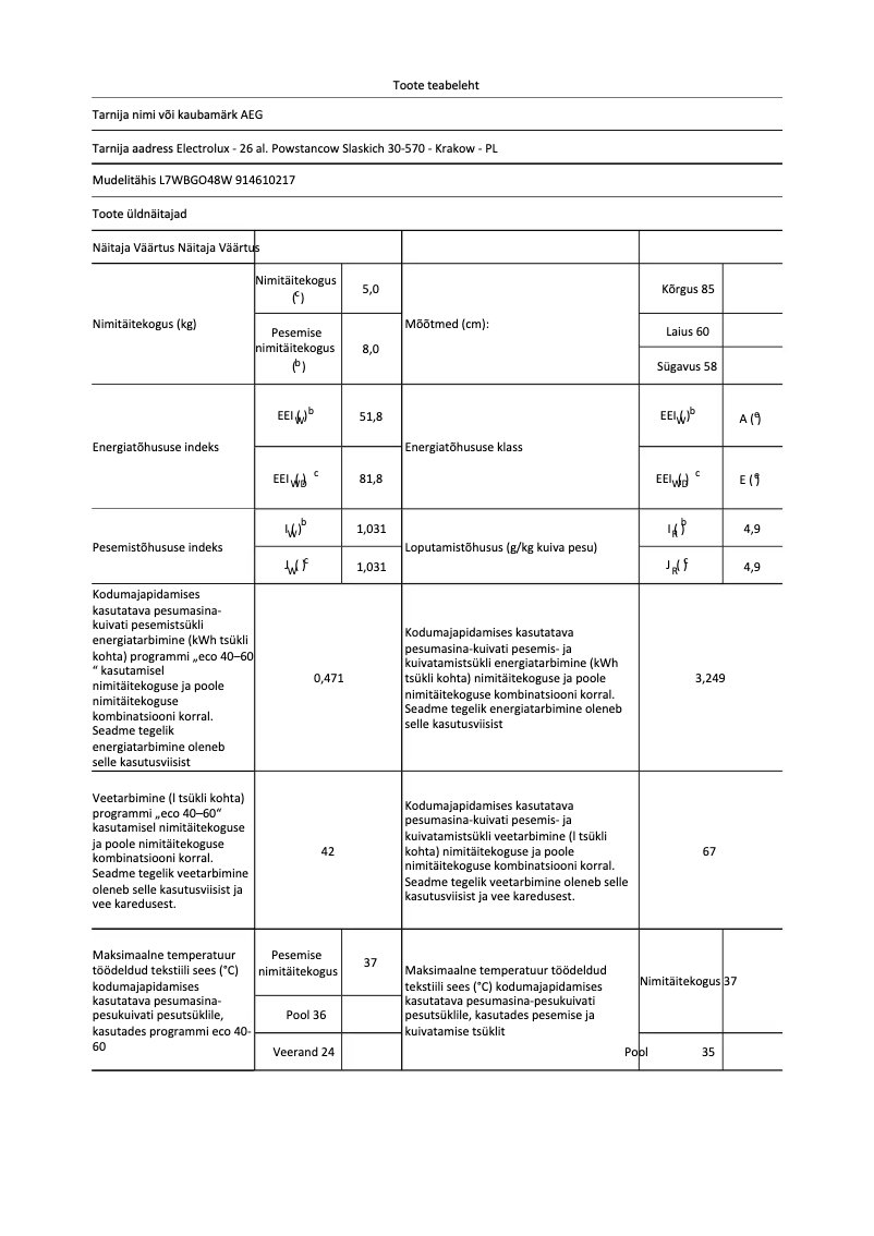 Page n°1 - Fiche technique AEG L7WBGO48W