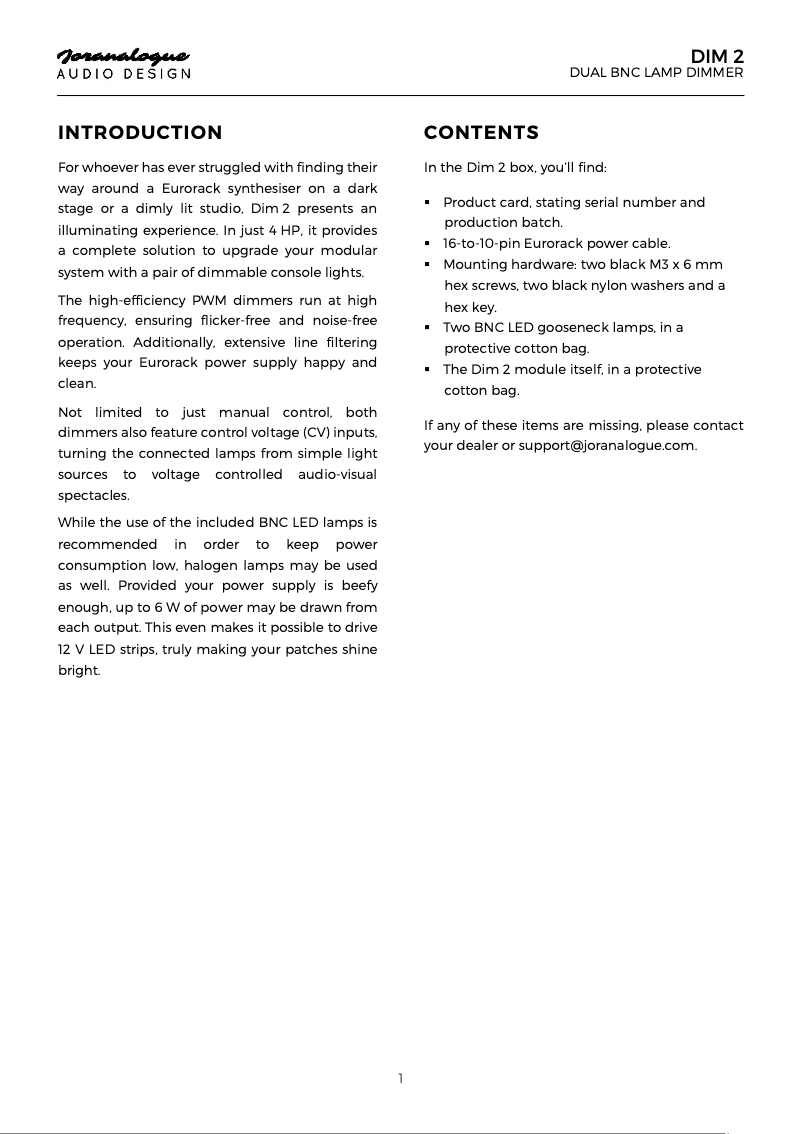 Page 1 de la notice Manuel utilisateur Joranalogue Dim 2