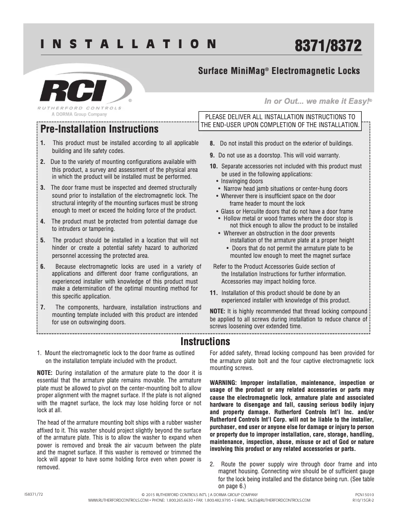 Page 1 de la notice Manuel utilisateur Dormakaba RCI 8371