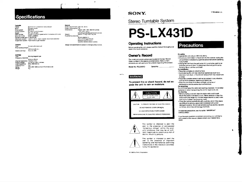 Page n°1 - Manuel utilisateur Sony PS-LX431D