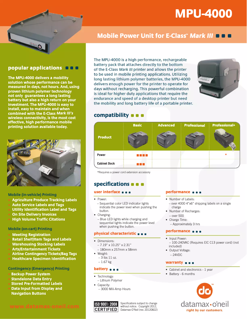 Page n°1 - Manuel utilisateur Datamax O'Neil MPU-4000