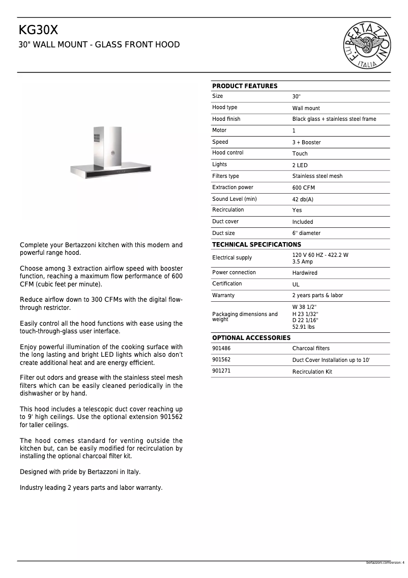 Page 1 de la notice Fiche technique Bertazzoni KG30X