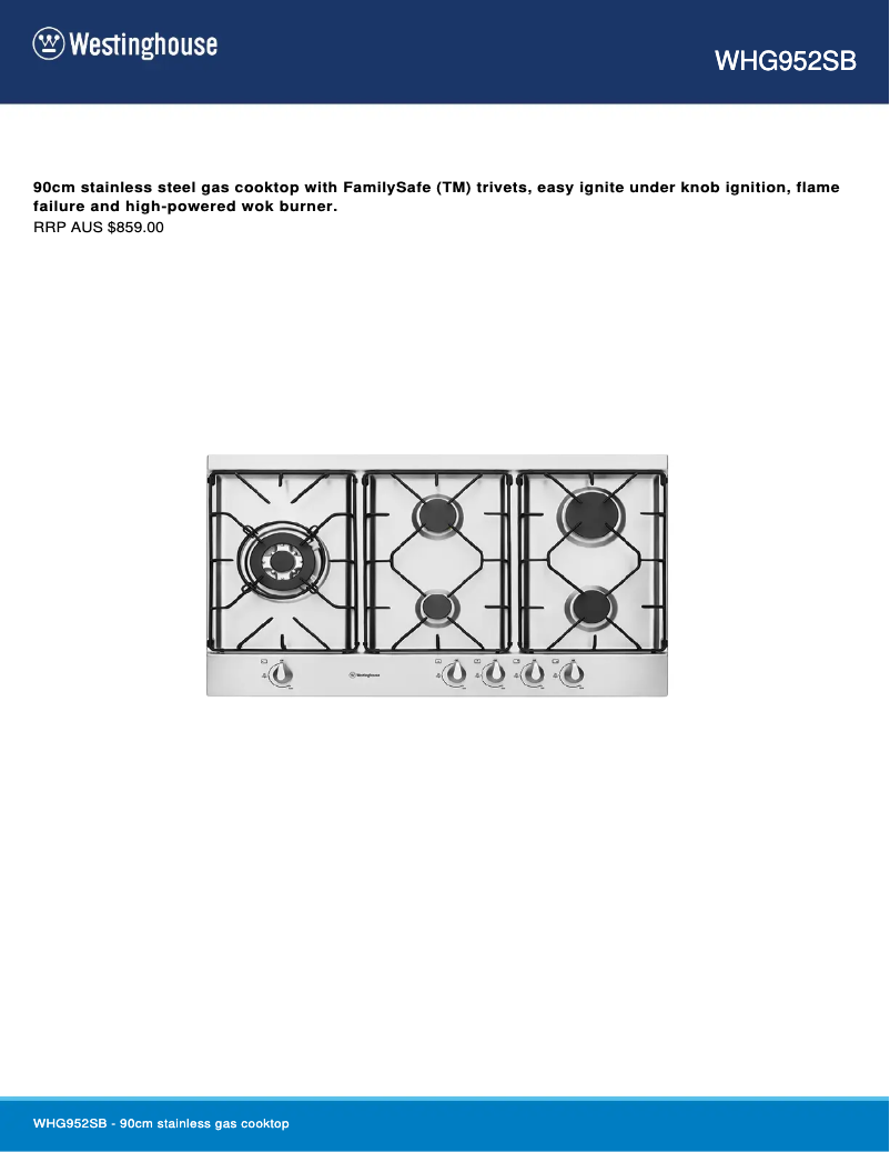 Page 1 de la notice Fiche technique Westinghouse WHG952SB