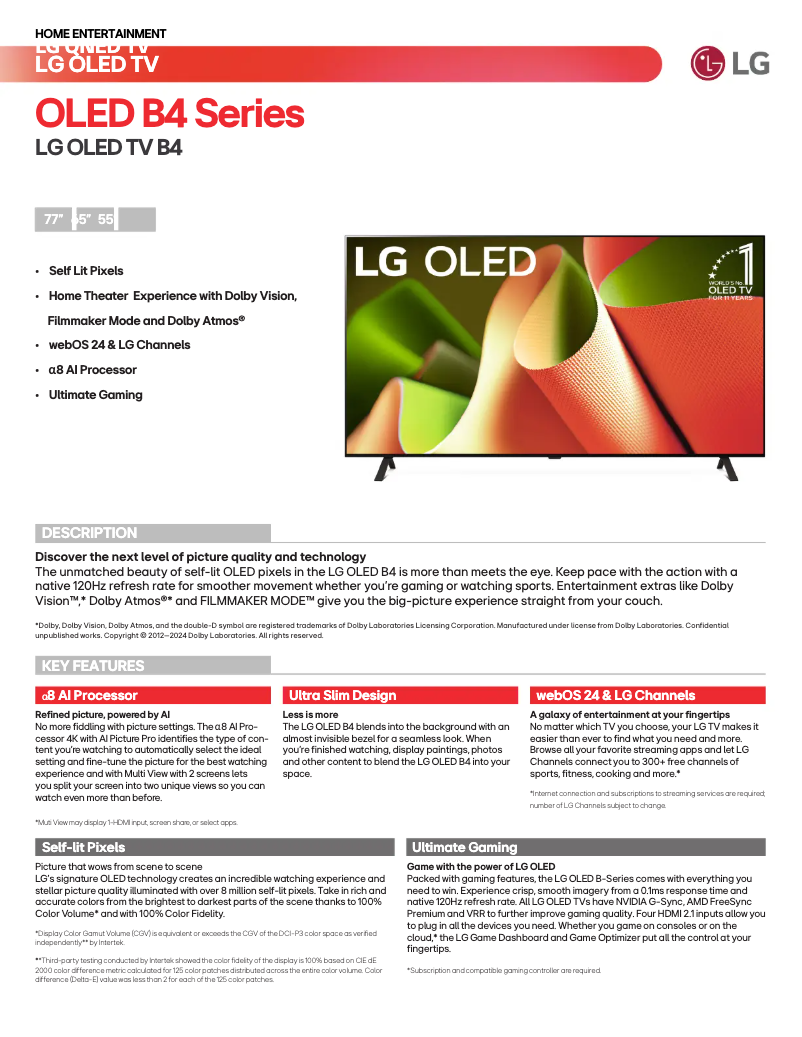 Page n°1 - Fiche technique LG OLED77B4PUA